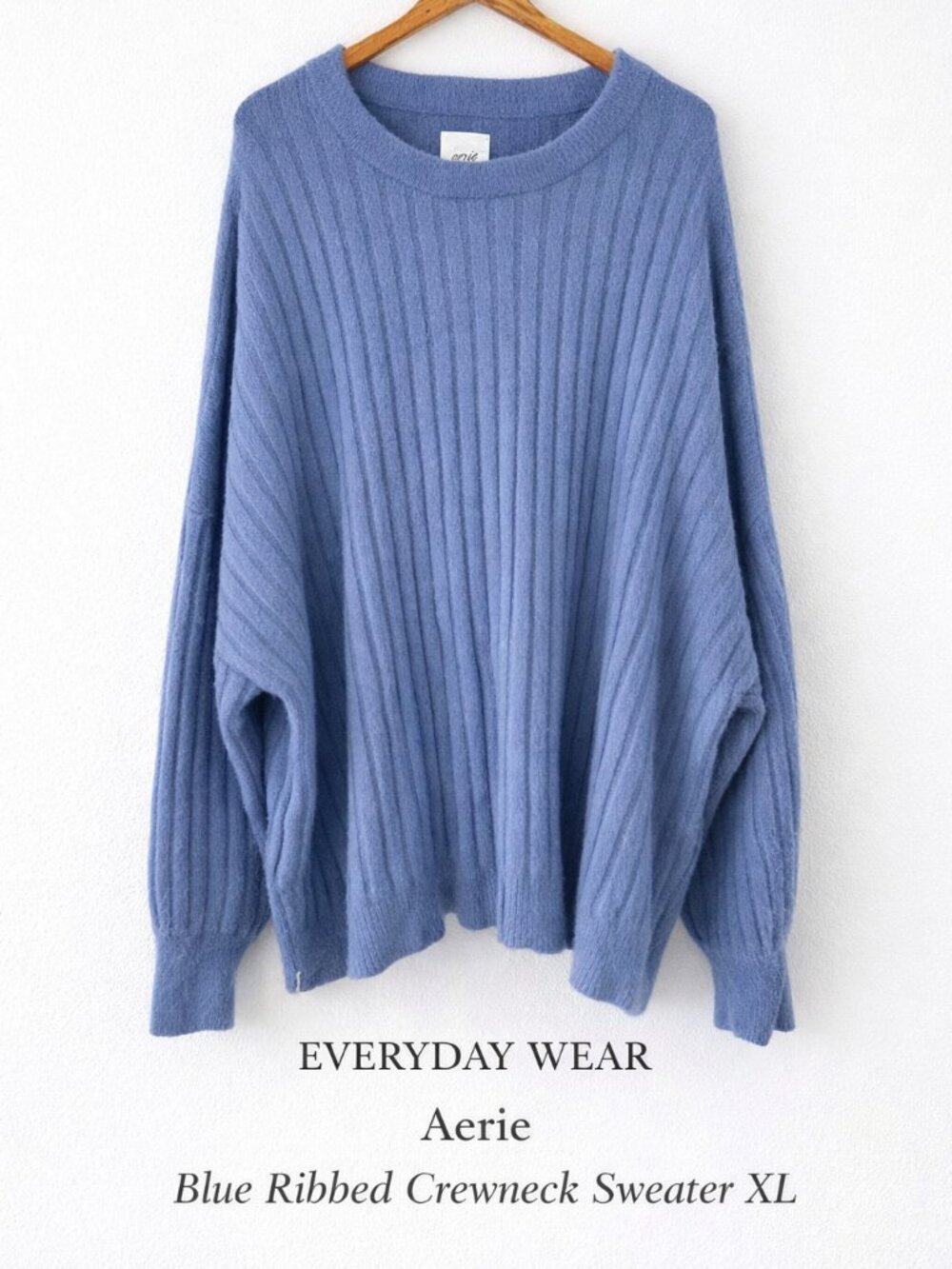 Aerie Blue Ribbed Fuzzy Crewneck Sweater XL Soft Oversized Cozy Chunky